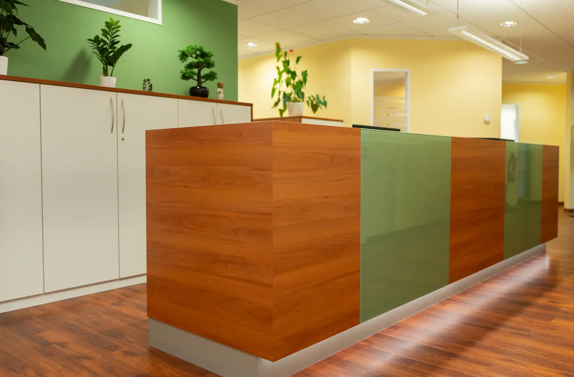 Rezeption der Praxis mit Holztresen und modernem Design
